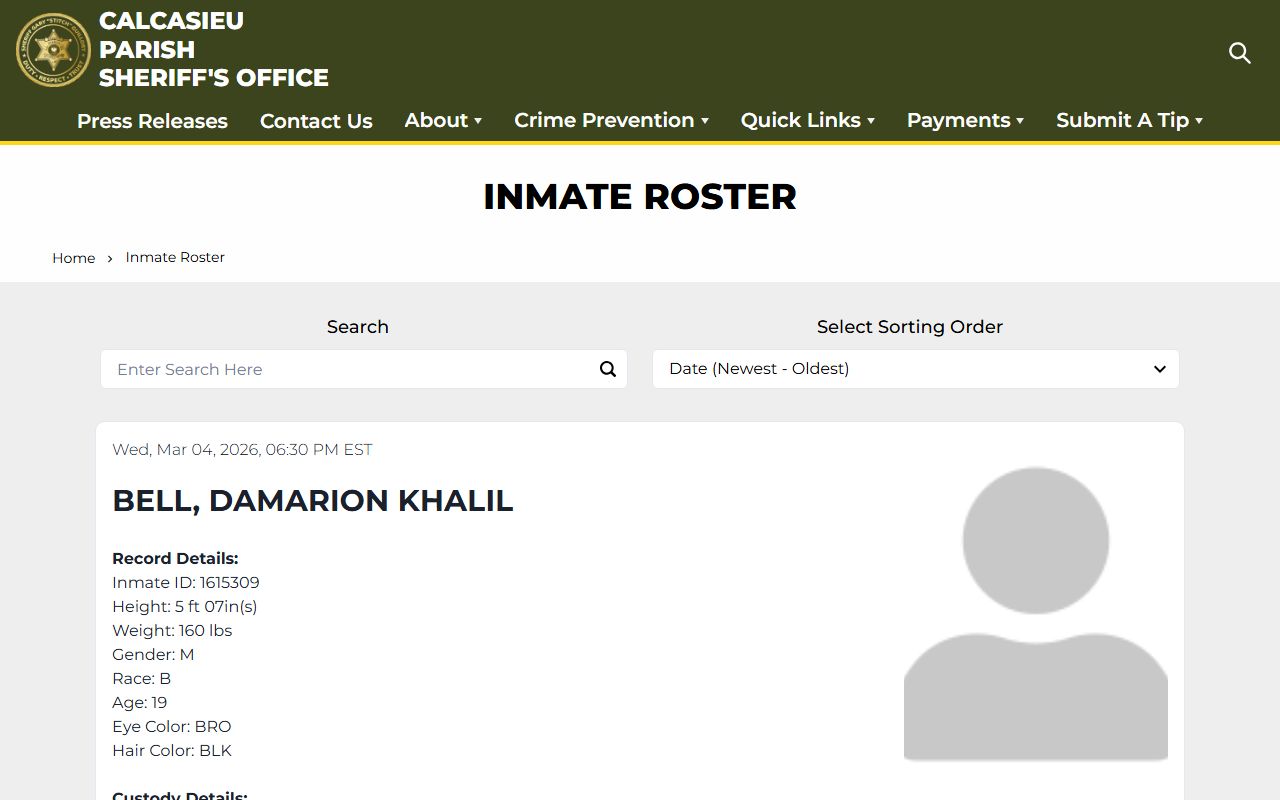 CPSO inmate roster for Lake Charles people search