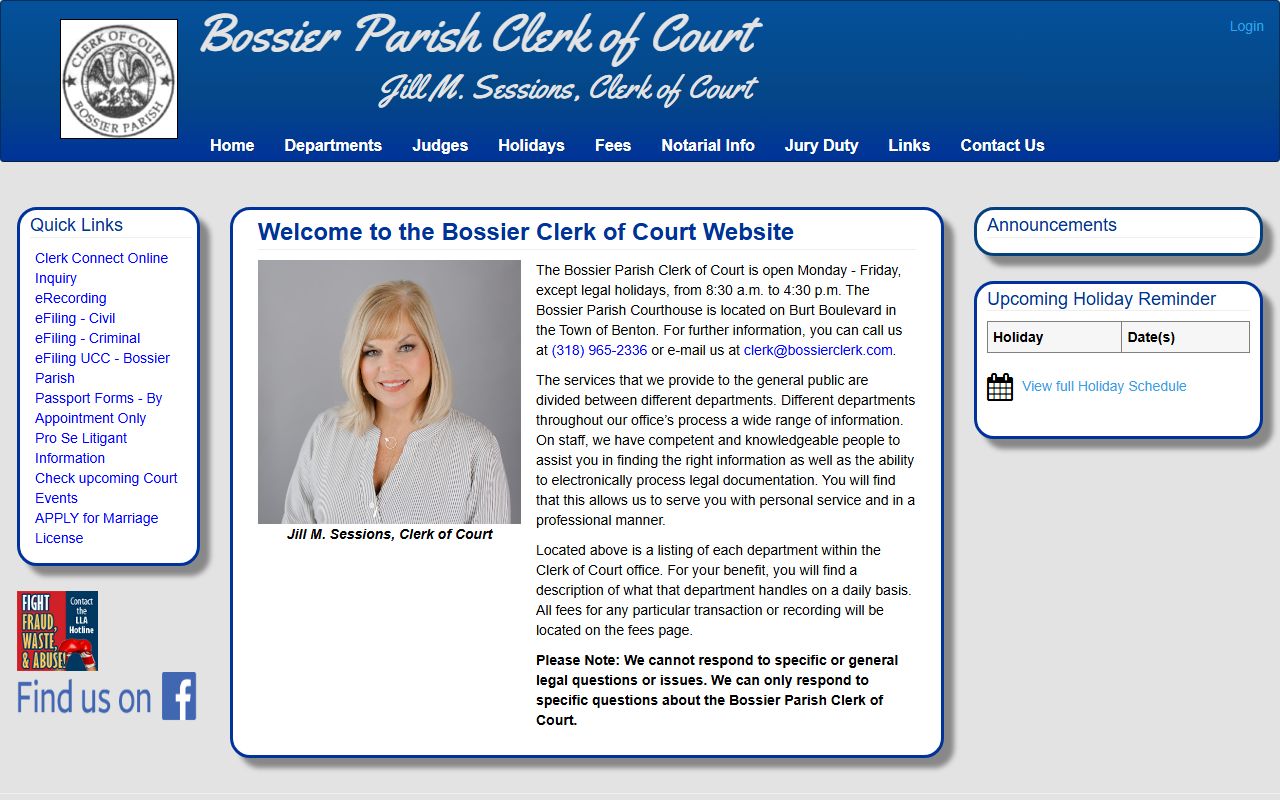 Bossier Parish Clerk website for Bossier City people search