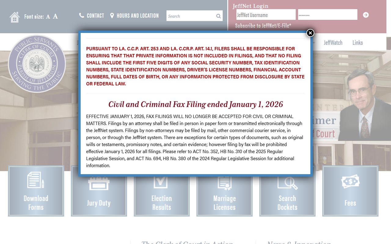 Jefferson Parish Clerk of Court website for people search